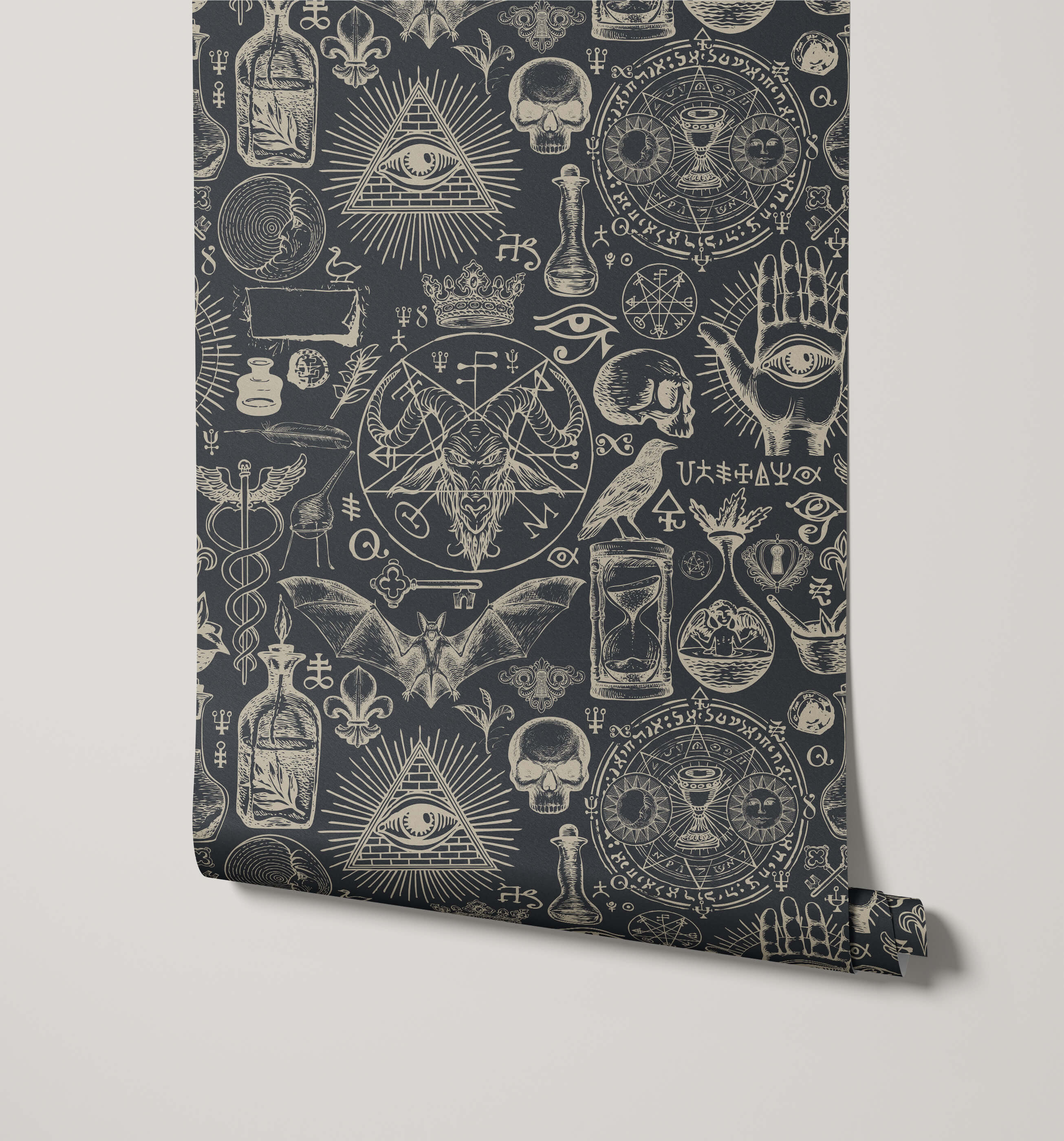 Diablo dark gray wallpaper with intricate white mystical symbols including skulls eyes bats and alchemical designs