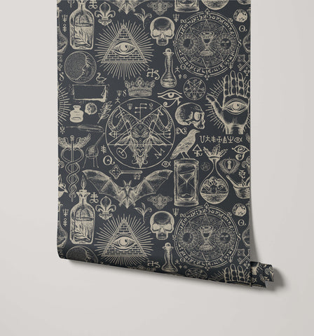 Diablo dark gray wallpaper with intricate white mystical symbols including skulls eyes bats and alchemical designs