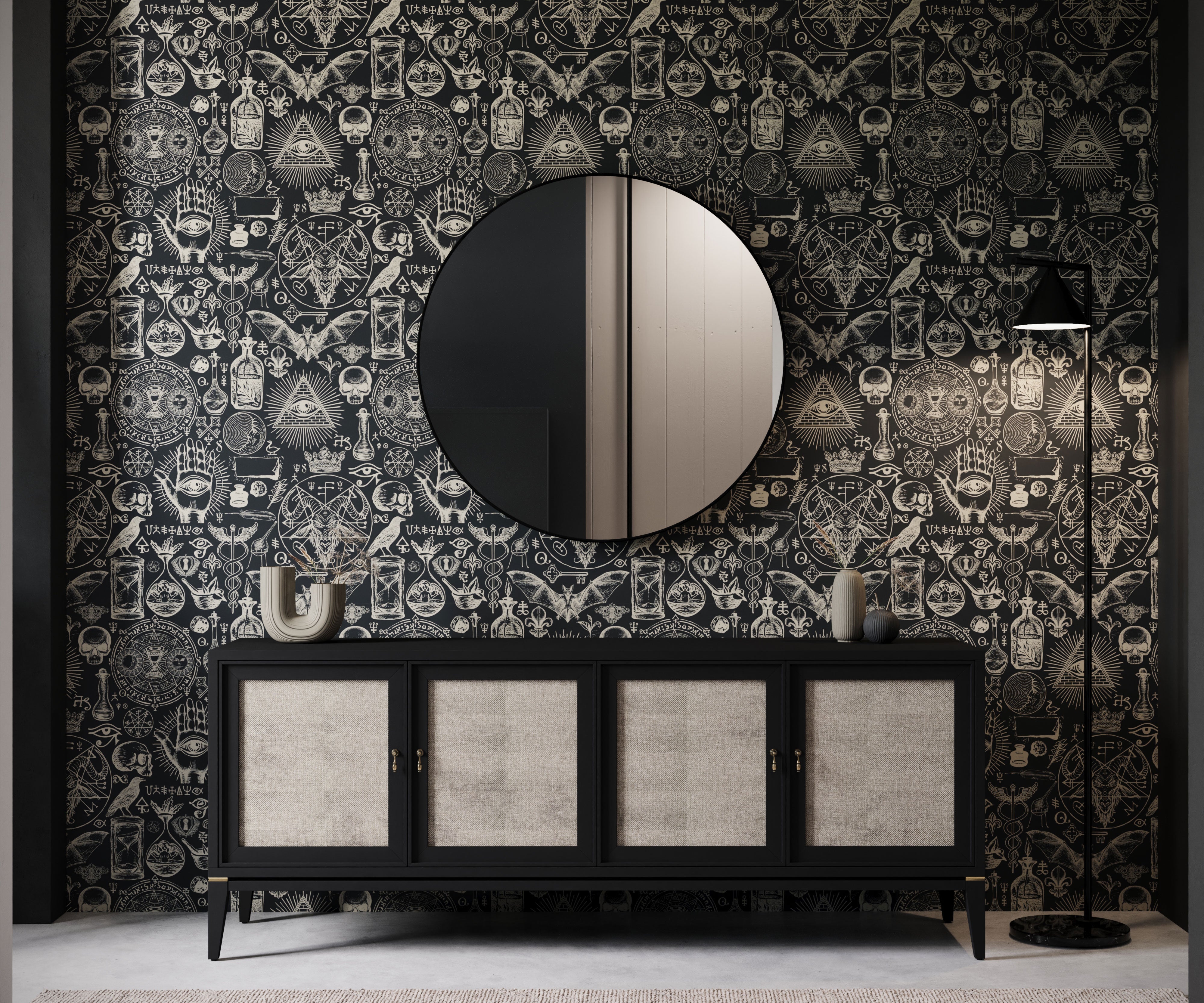 Black-framed round mirror diablo with subtle vertical striping and mystical symbols design on reflective surface