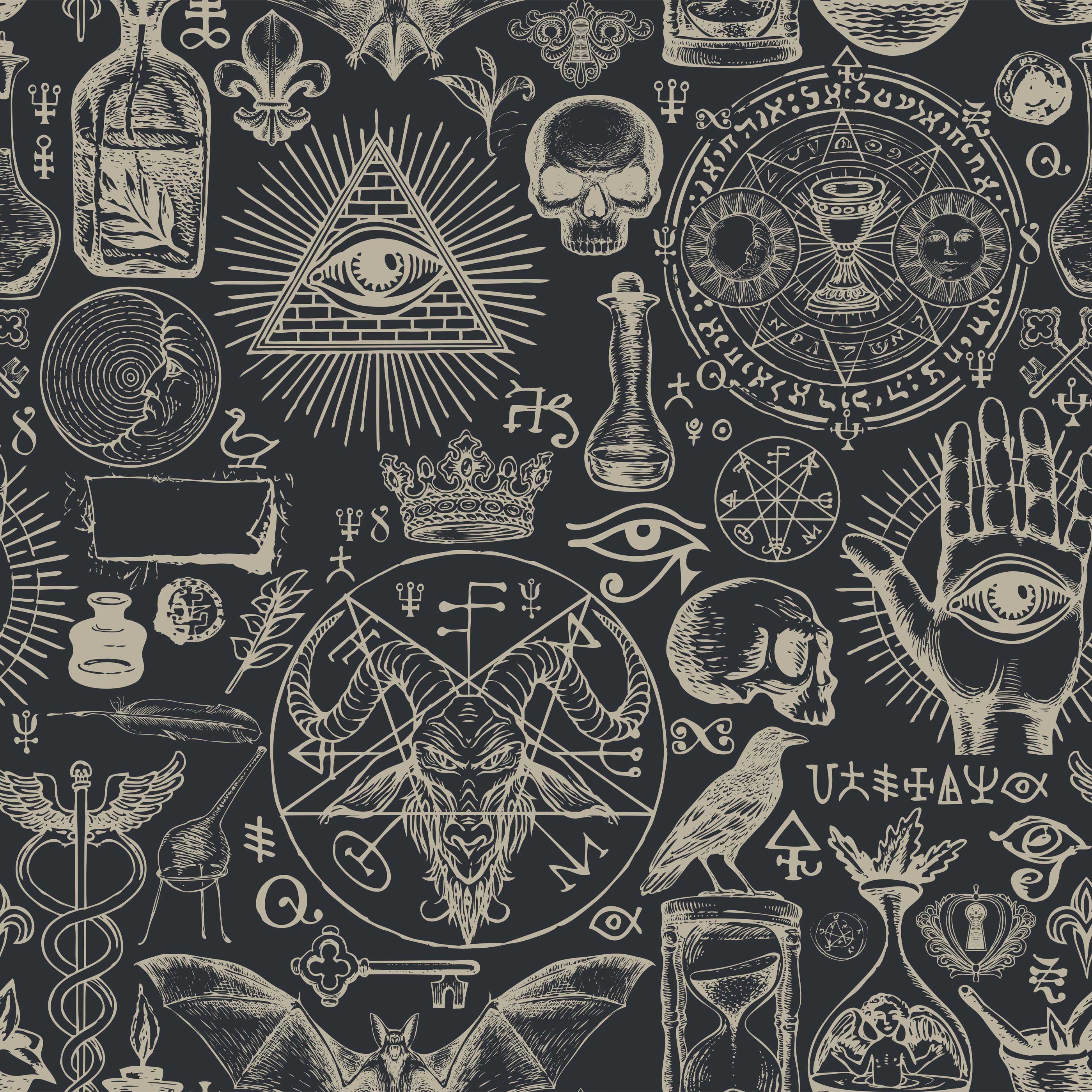 Black diablo wallpaper with intricate white mystical symbols skulls and occult line drawings for spooky decor