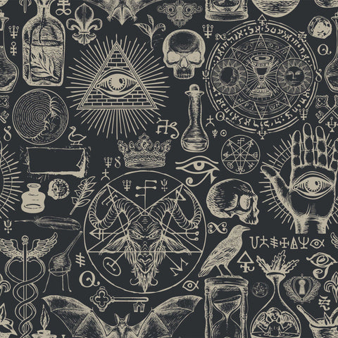 Black diablo wallpaper with intricate white mystical symbols skulls and occult line drawings for spooky decor