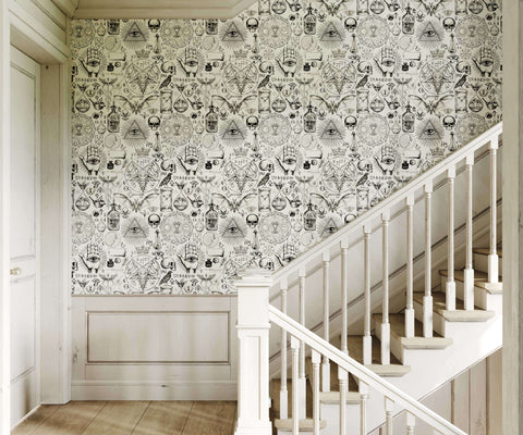 Black and white diablo wallpaper featuring skulls bottles and mystical symbols for an occult-themed room vibe