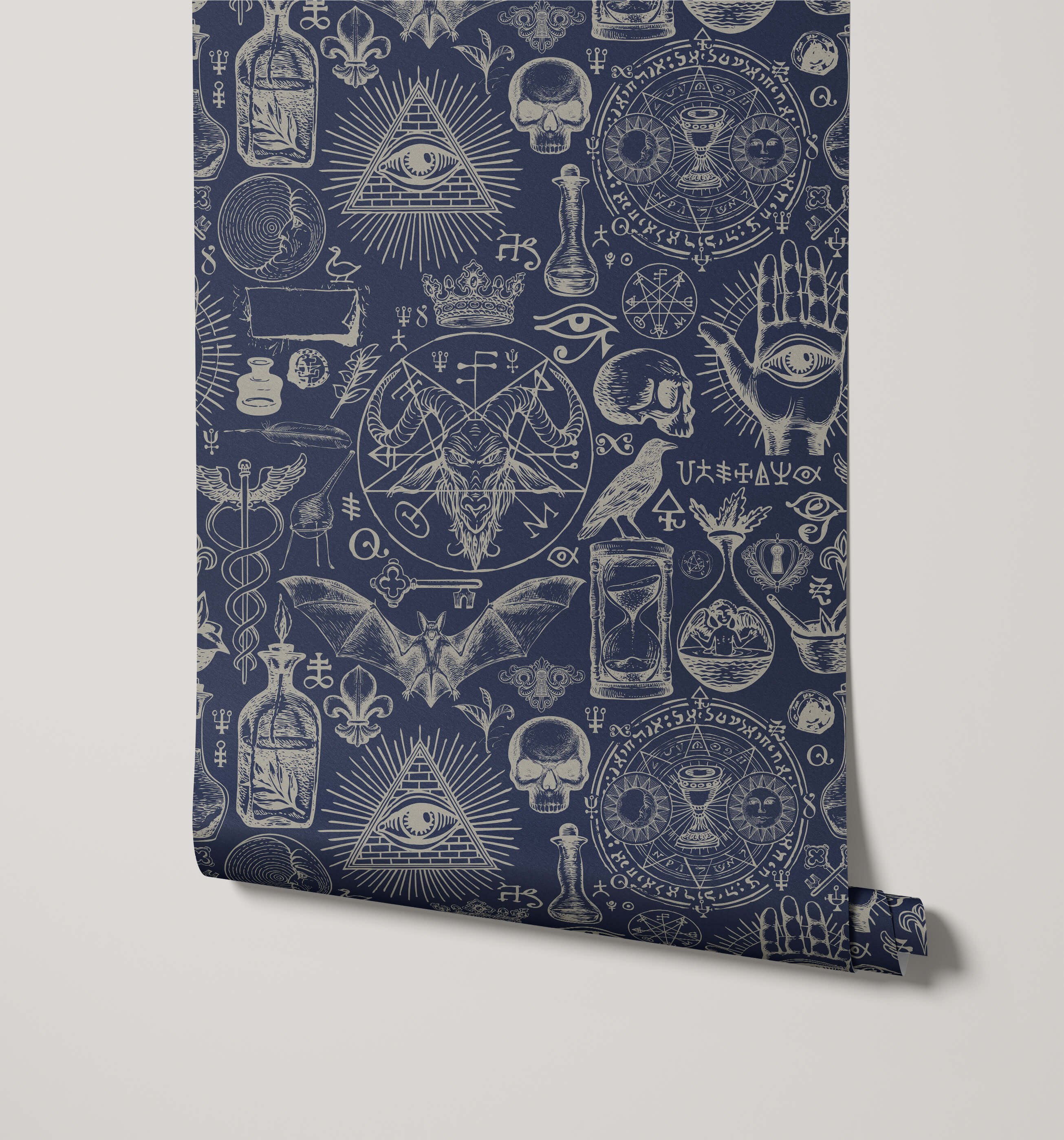 Dark blue diablo wallpaper with intricate white mystical symbols skulls and occult line drawings for edgy decor