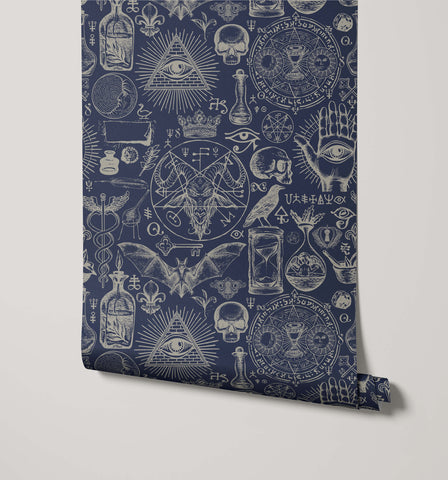 Dark blue diablo wallpaper with intricate white mystical symbols skulls and occult line drawings for edgy decor