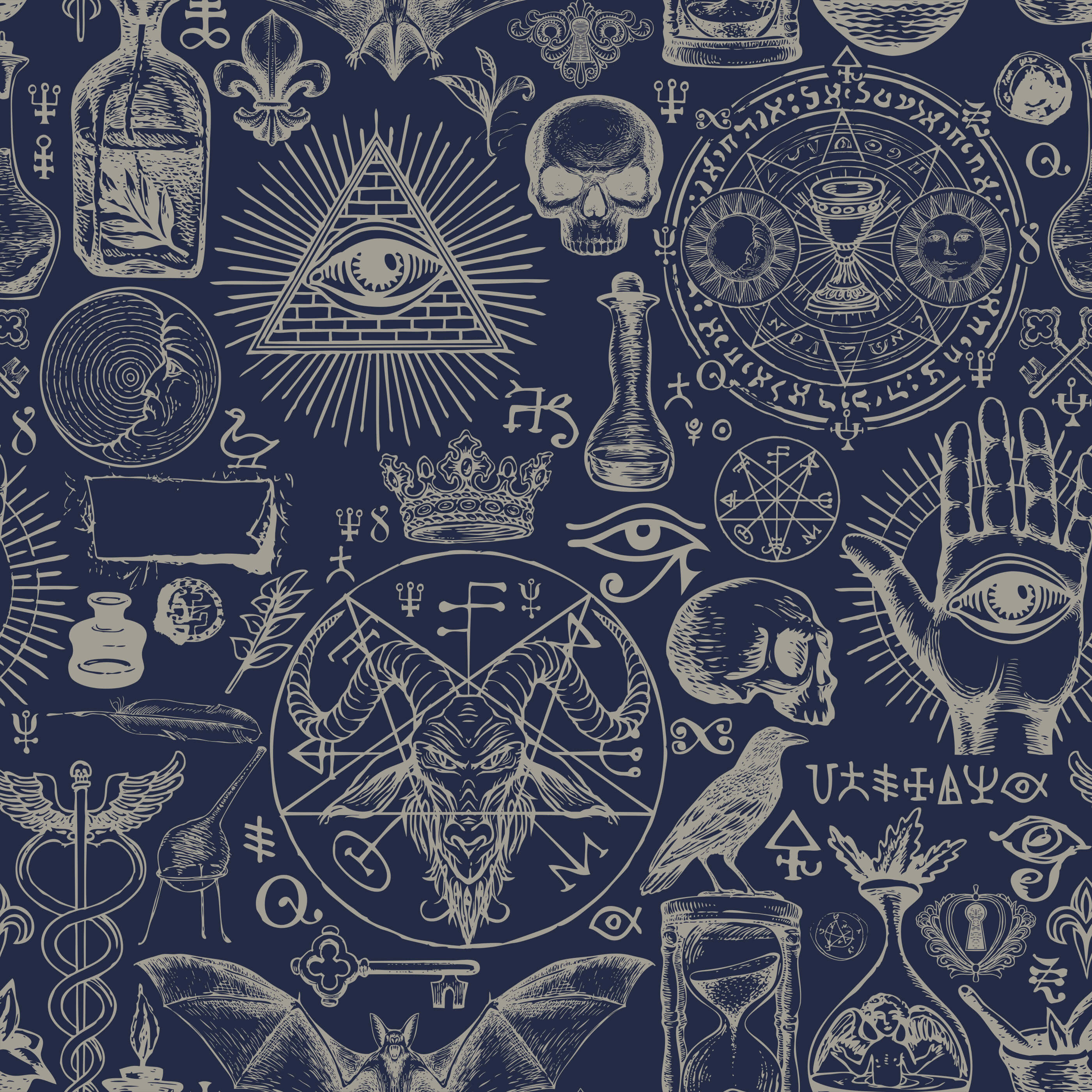 Dark blue diablo wallpaper with intricate white mystical symbols skulls and occult line drawings for bold decor