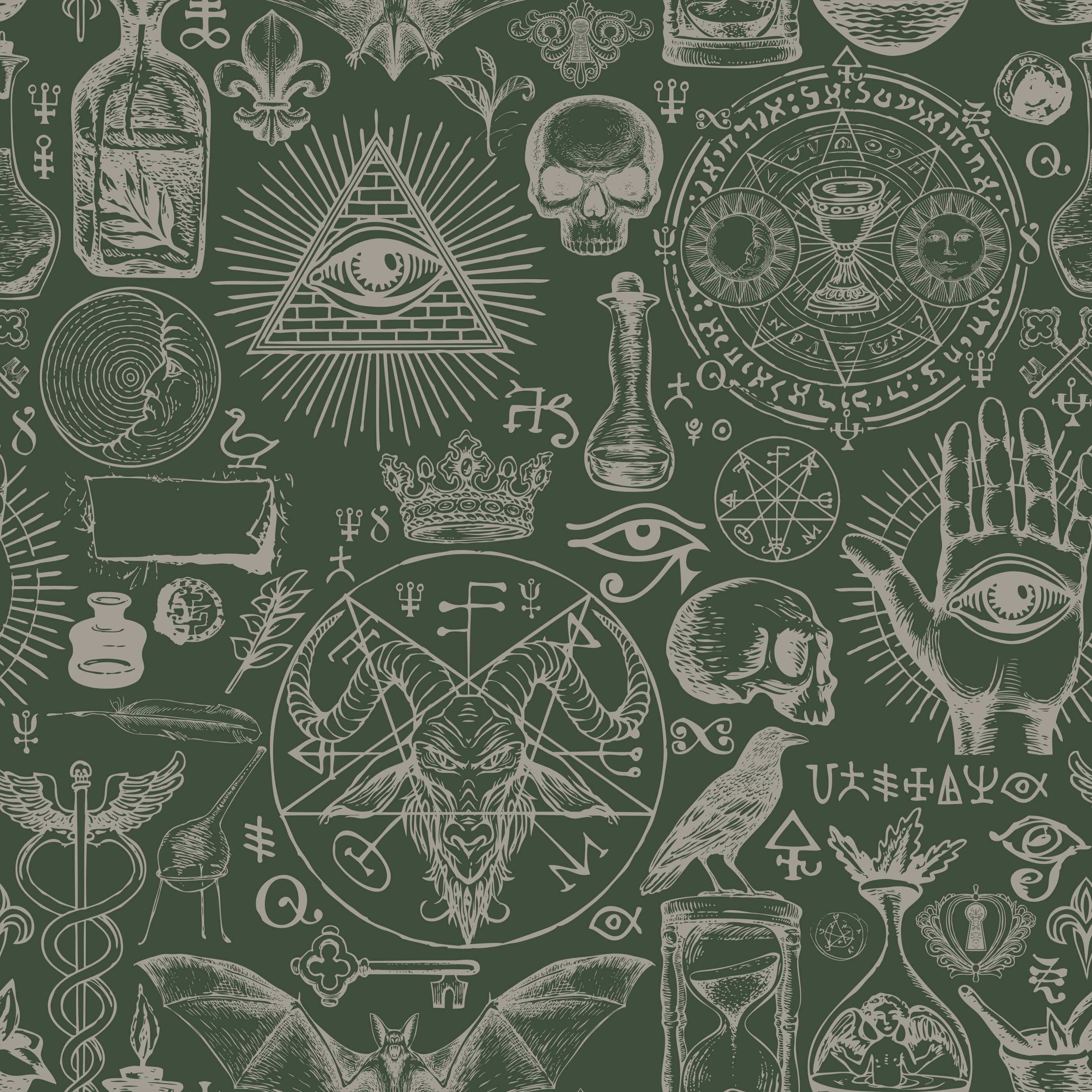 Dark green diablo wallpaper with intricate white line drawings of skulls and mystical symbols for edgy decor