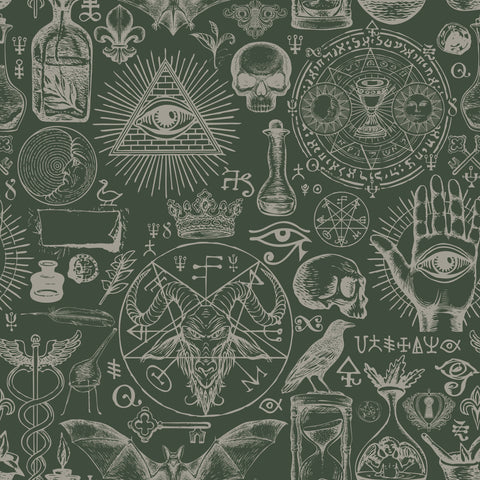 Dark green diablo wallpaper with intricate white line drawings of skulls and mystical symbols for edgy decor