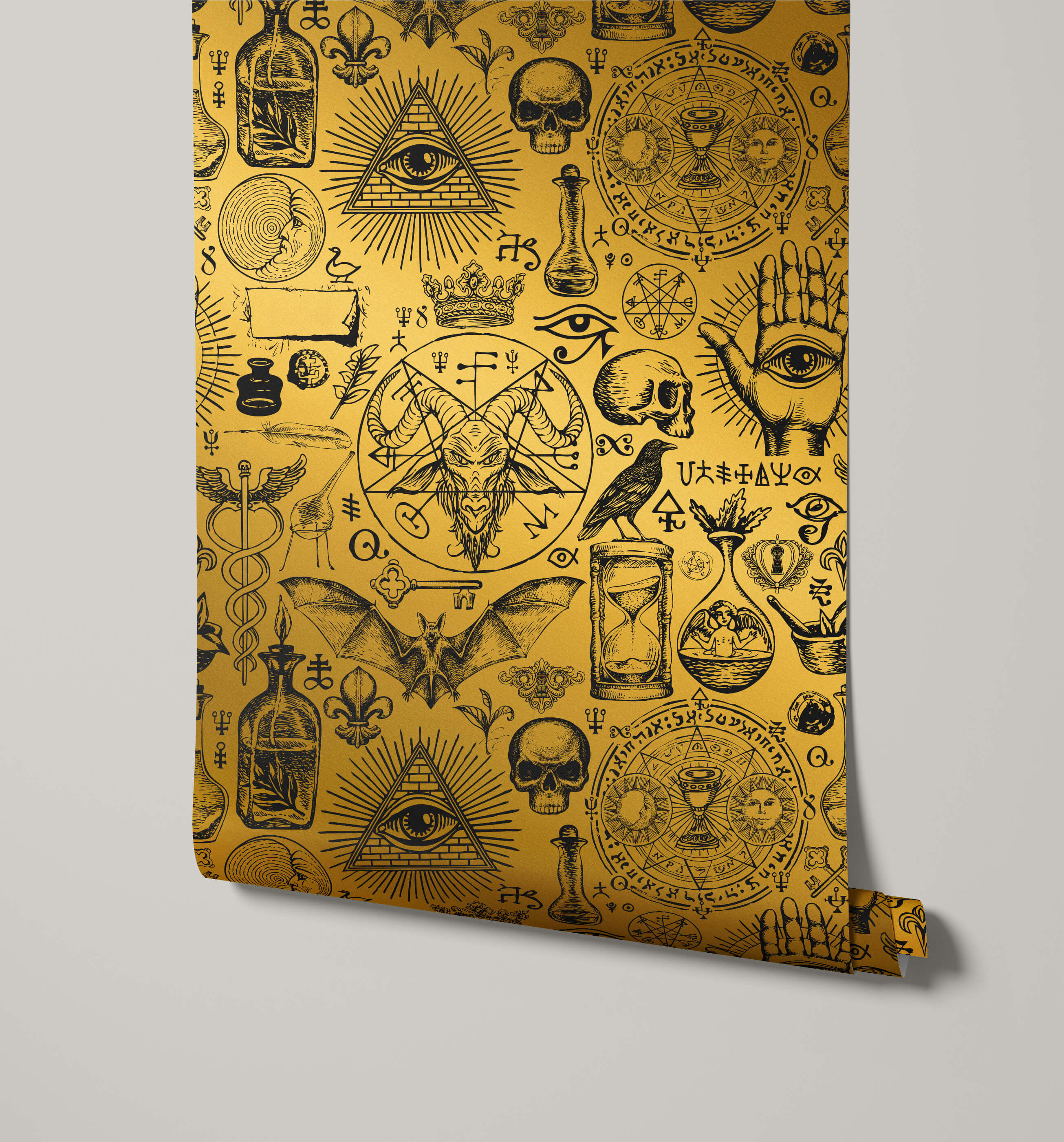 Golden diablo wallpaper with intricate black line art of mystical symbols including skulls eyes and sigils