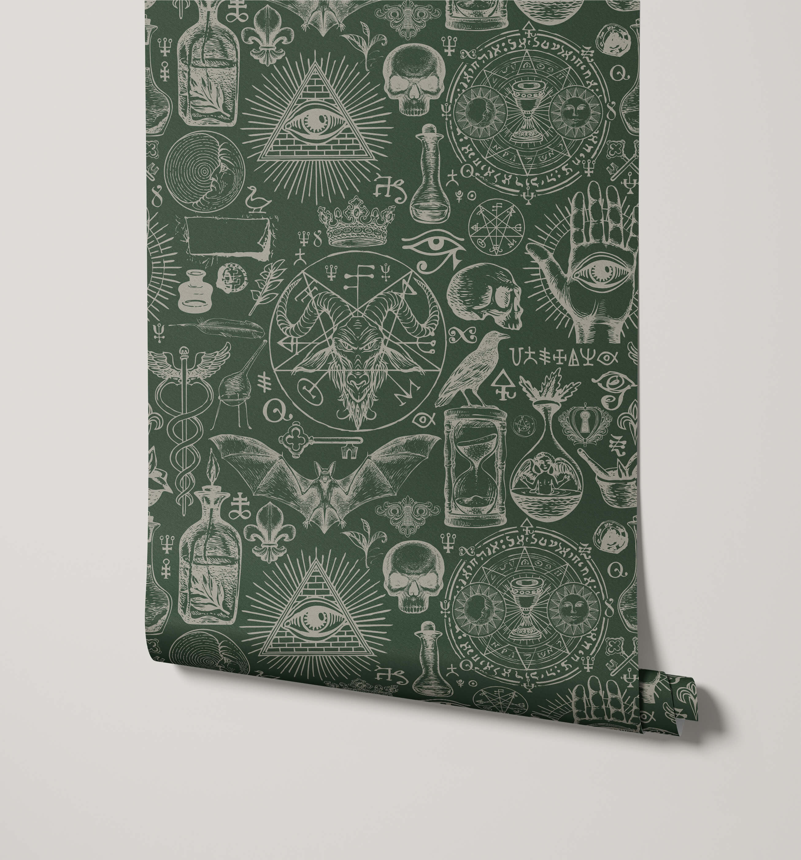 Dark green diablo wallpaper with intricate white line drawings of mystical symbols skulls and occult imagery