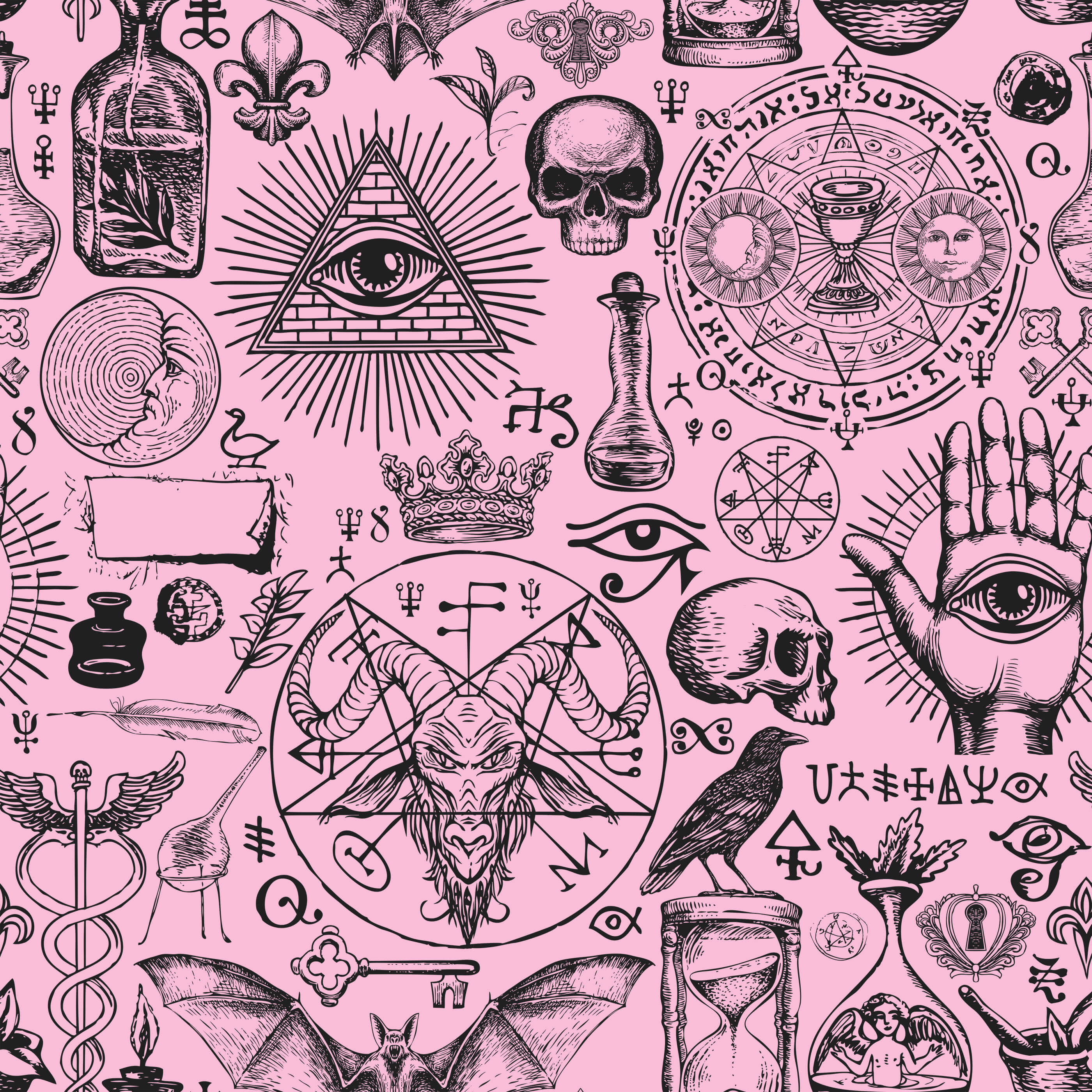 Diablo product with a pink background and intricate black line art of mystical symbols like skulls and pentagrams