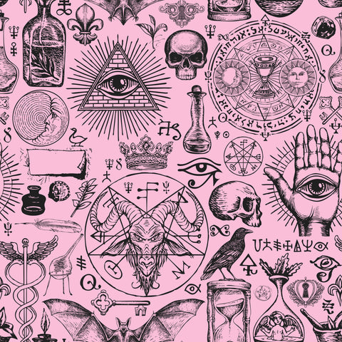 Diablo product with a pink background and intricate black line art of mystical symbols like skulls and pentagrams