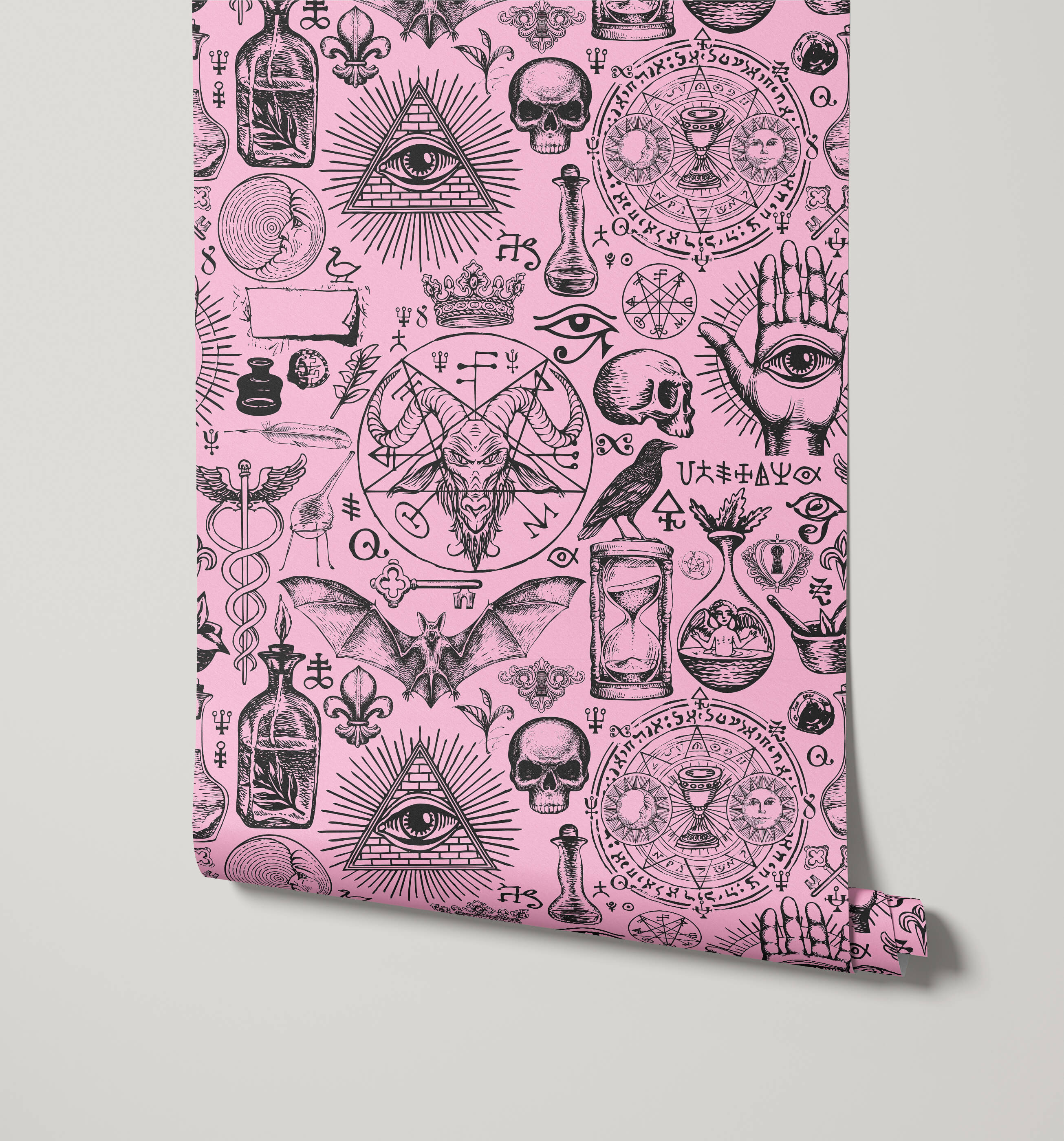 Pink diablo wallpaper with black mystical symbols in a repeating pattern for a bold statement wall