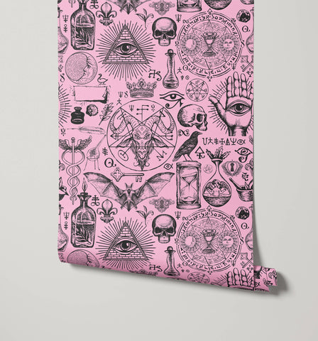 Pink diablo wallpaper with black mystical symbols in a repeating pattern for a bold statement wall