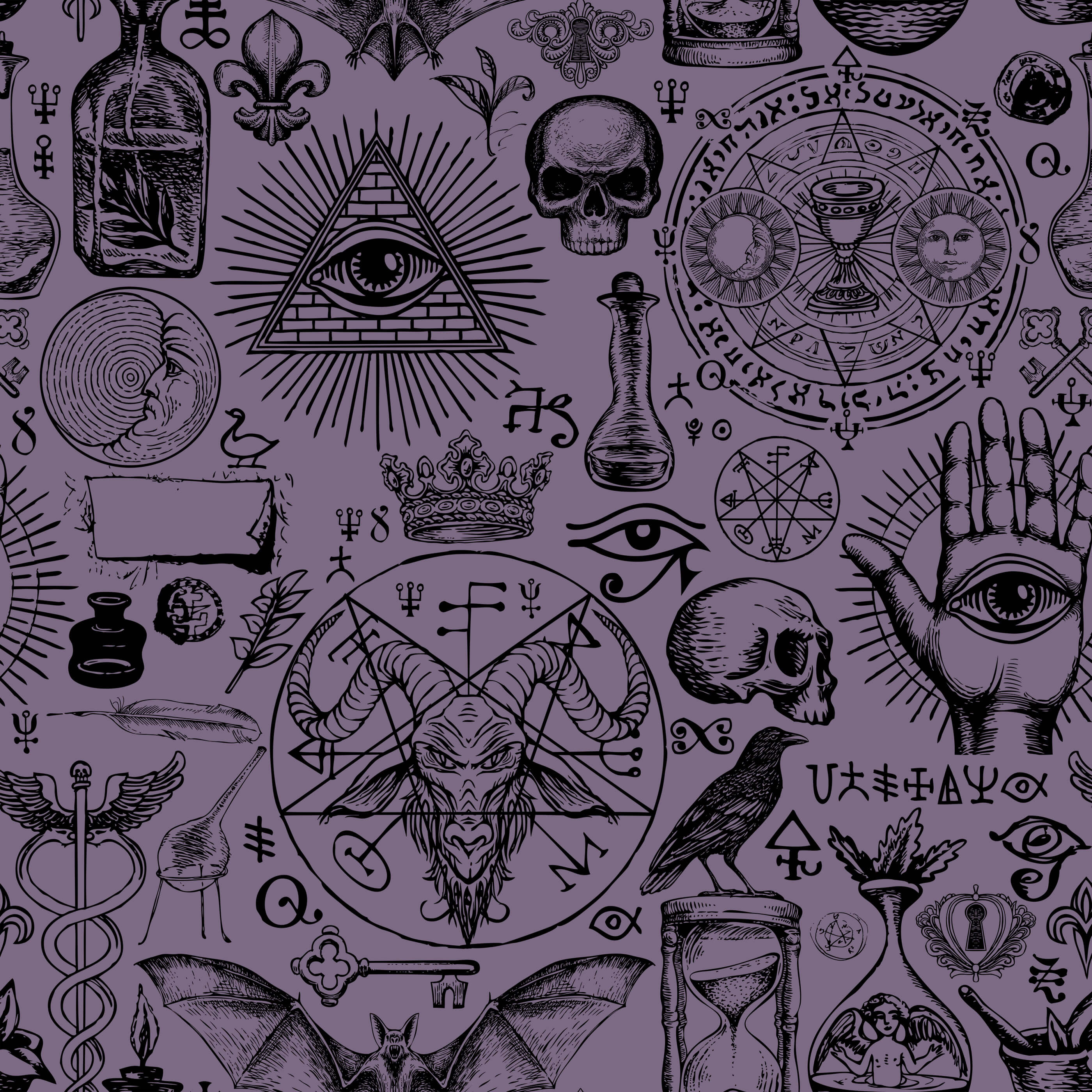Purple fabric from diablo with black occult-themed illustrations featuring mystical symbols skulls and eyes in triangles