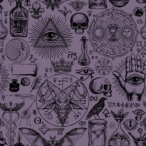 Purple fabric from diablo with black occult-themed illustrations featuring mystical symbols skulls and eyes in triangles