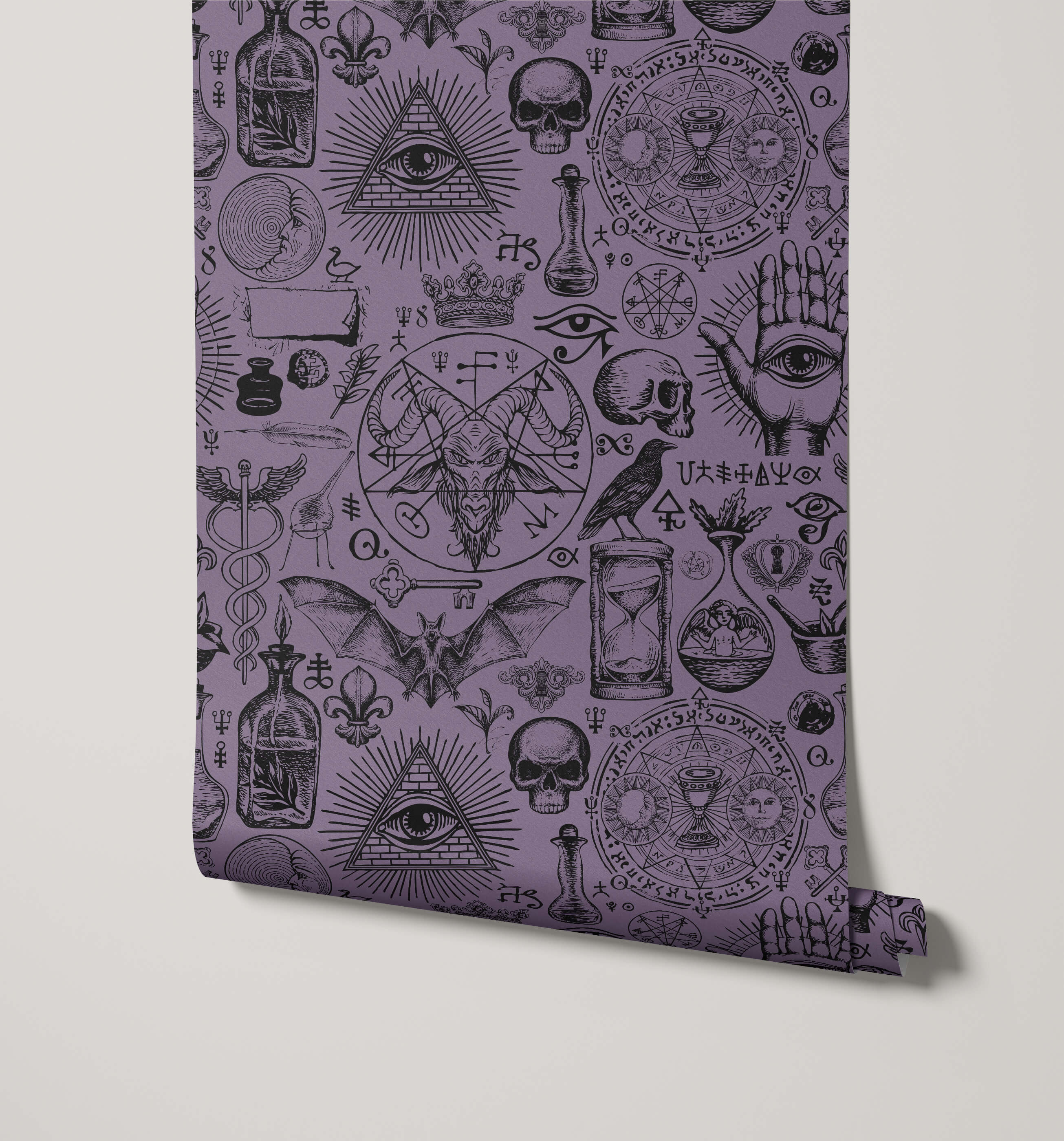 Purple diablo wallpaper with intricate black line drawings of mystical symbols skulls and occult imagery