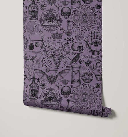 Purple diablo wallpaper with intricate black line drawings of mystical symbols skulls and occult imagery
