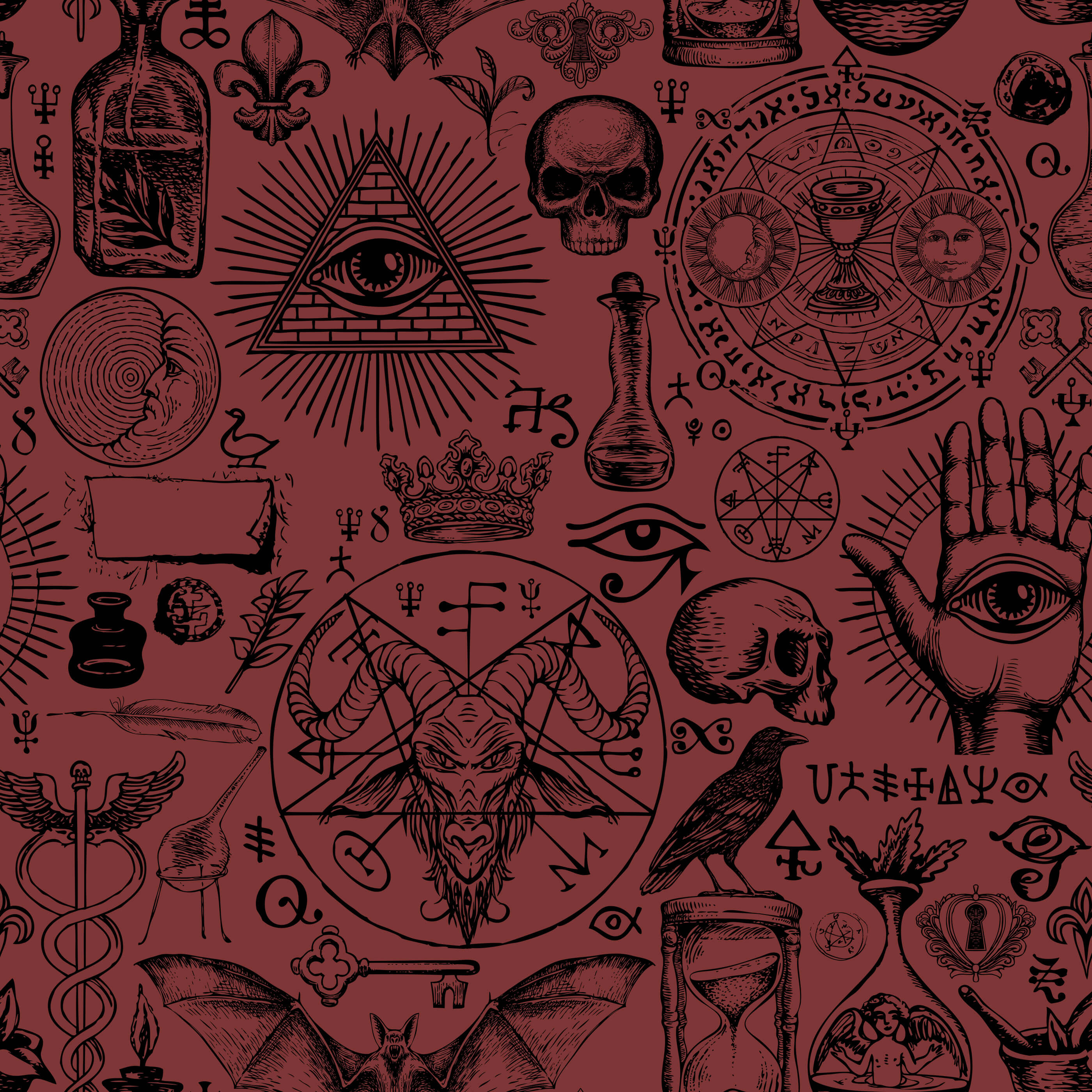 Diablo red fabric with black occult skulls and intricate mystical symbols perfect for edgy clothing or decor