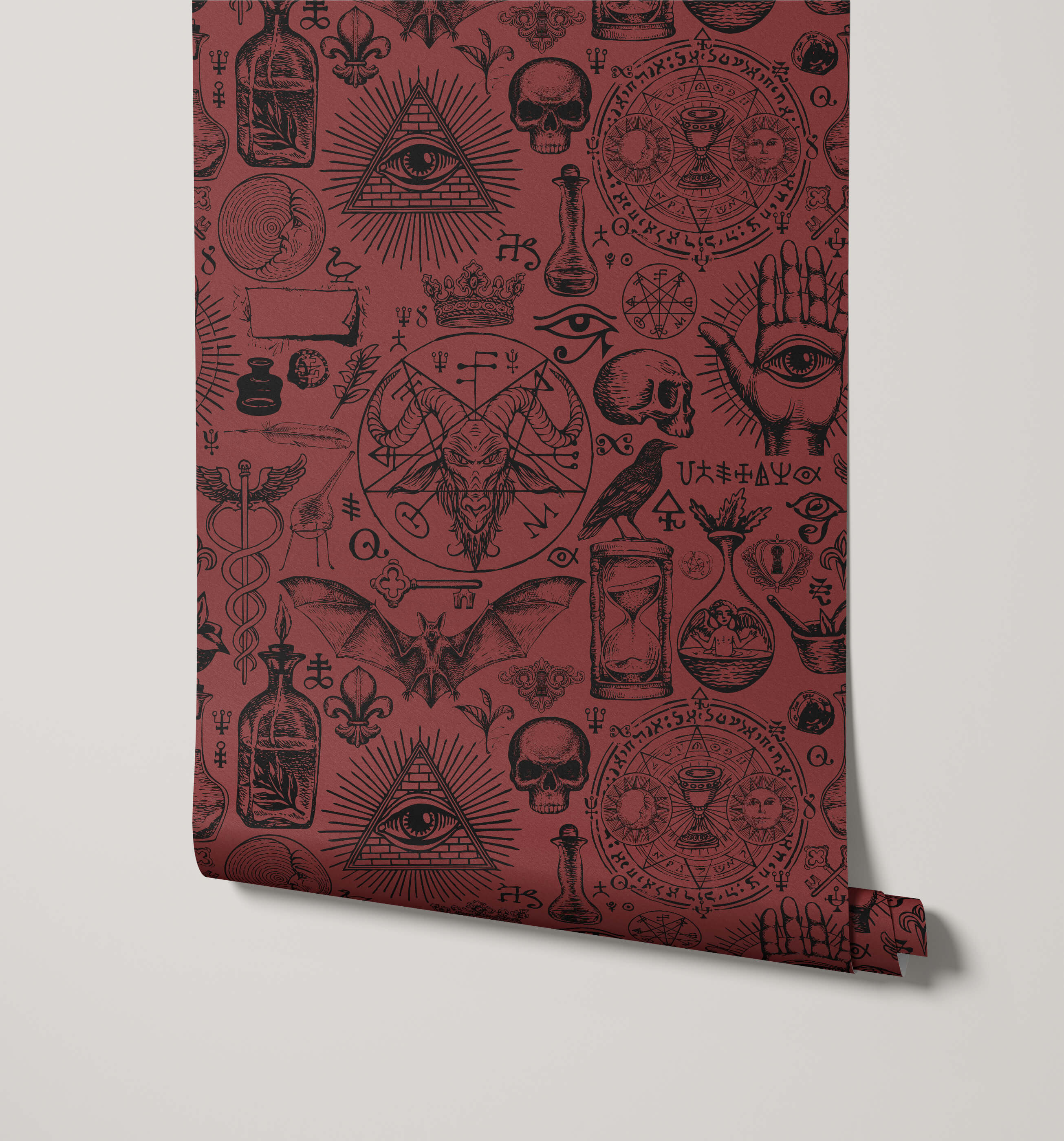Rust-colored diablo wallpaper with intricate black mystical symbols featuring occult and alchemical designs