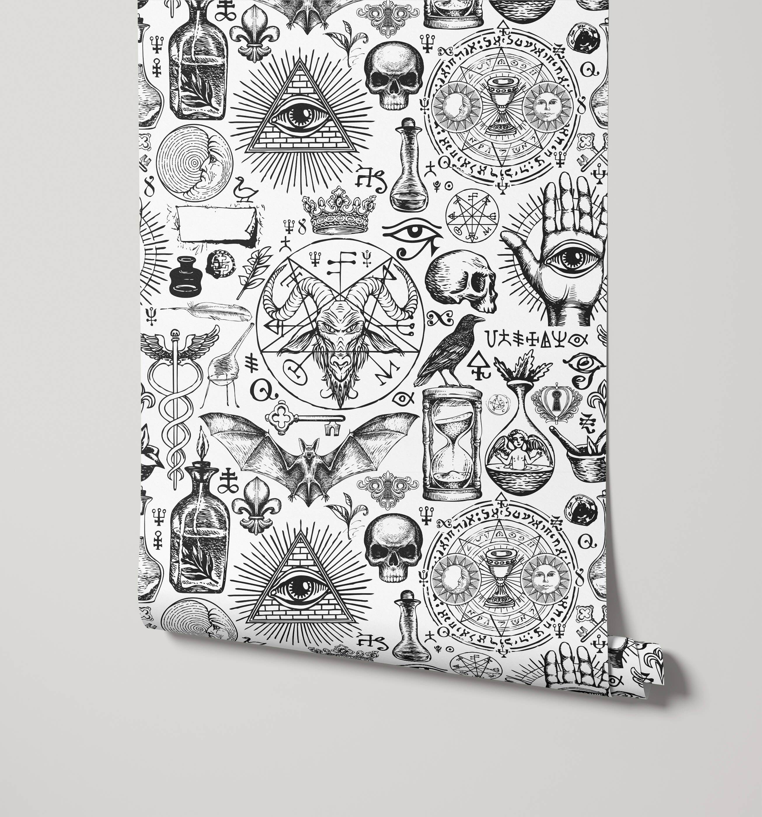Black and white diablo wallpaper featuring mystical symbols skulls eyes and occult imagery in an illustrated design