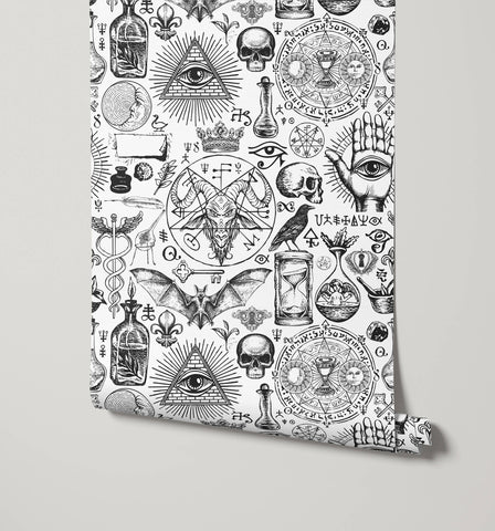 Black and white diablo wallpaper featuring mystical symbols skulls eyes and occult imagery in an illustrated design