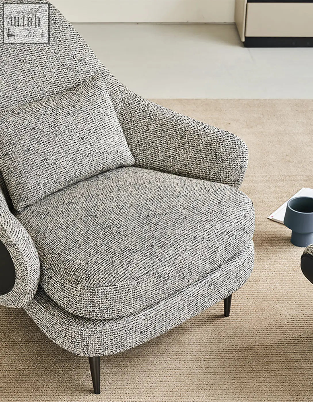 Diakite armchair with footstool in gray white tweed fabric and black legs perfect for cozy living space offer financing shipping cost