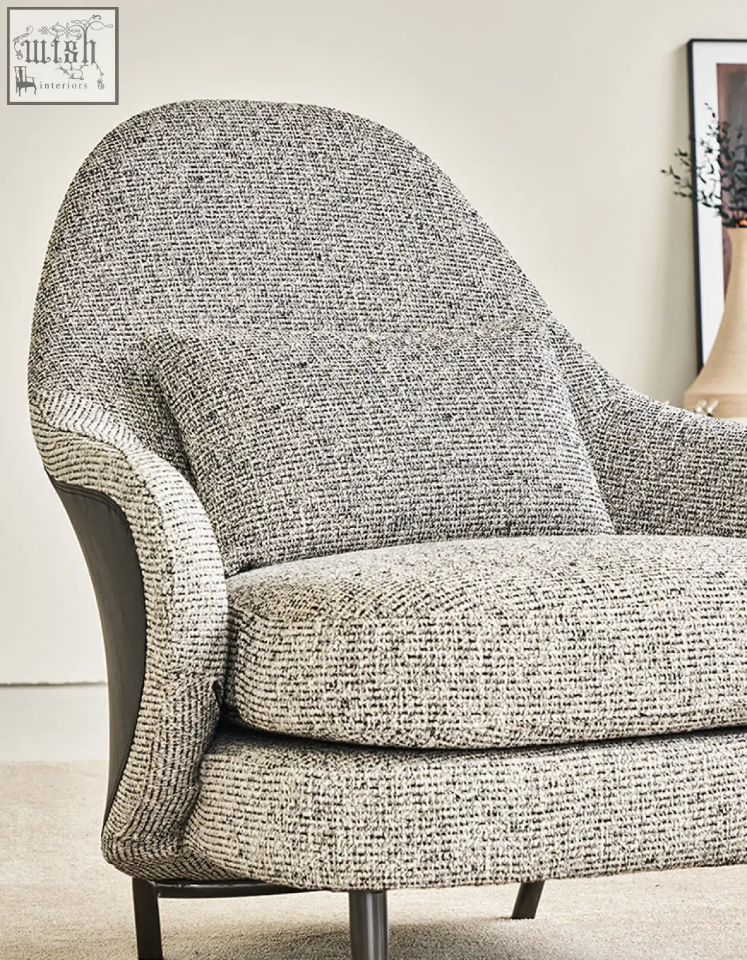 Cozy diakite armchair with footstool in gray white tweed fabric and black metal legs perfect for any living space offers financing