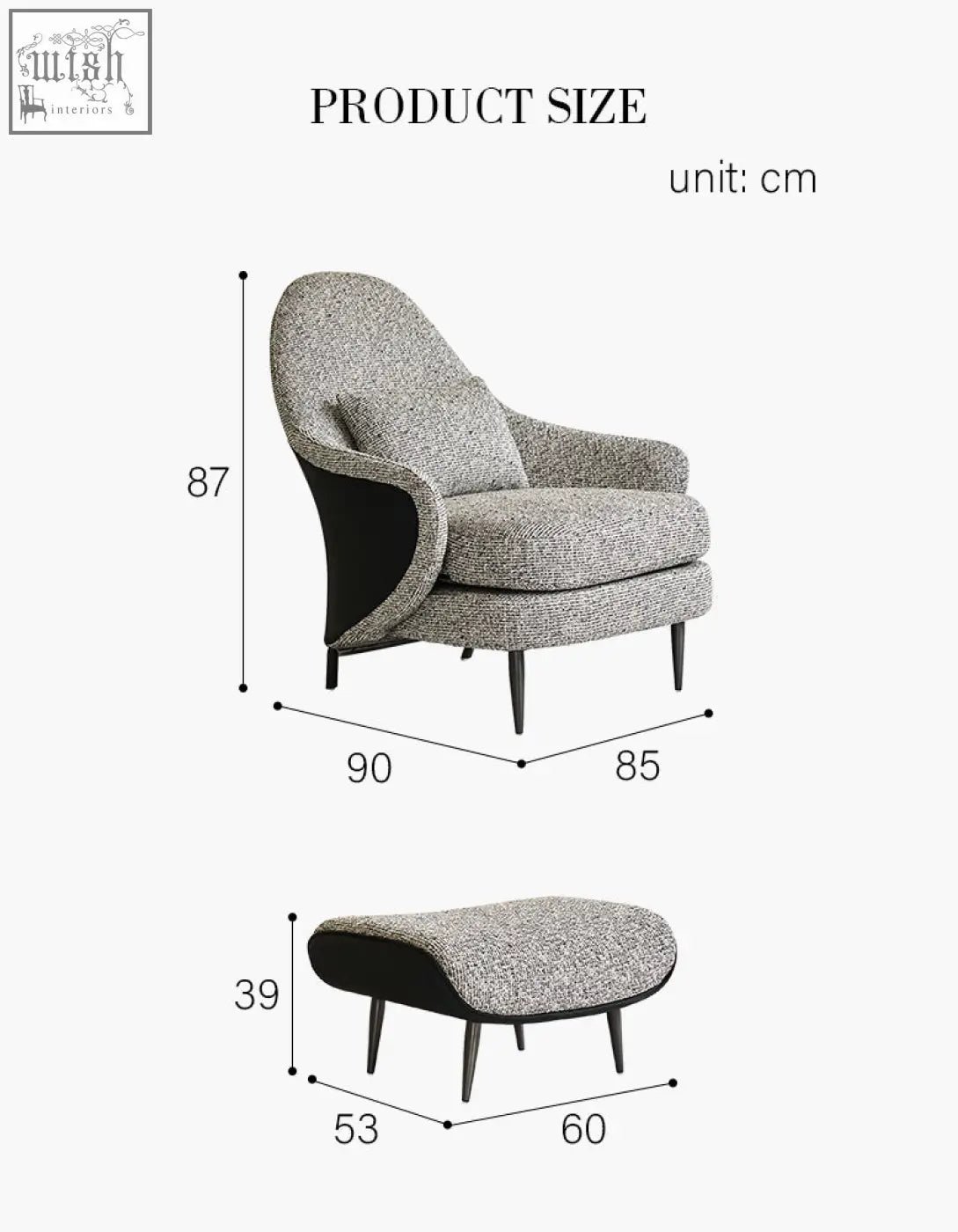 Gray textured linen diakite armchair with black wooden legs and matching leather ottoman perfect for living space