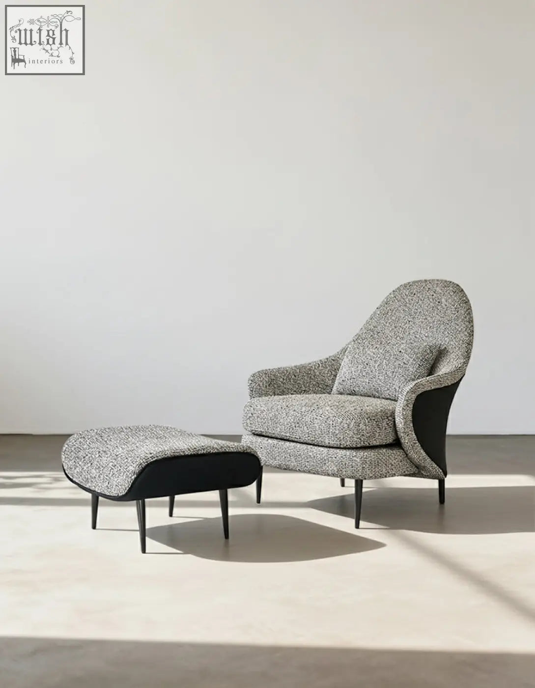 Diakite armchair with footstool in gray tweed linen and leather offers stylish comfort for your living space with easy financing and shipping cost options