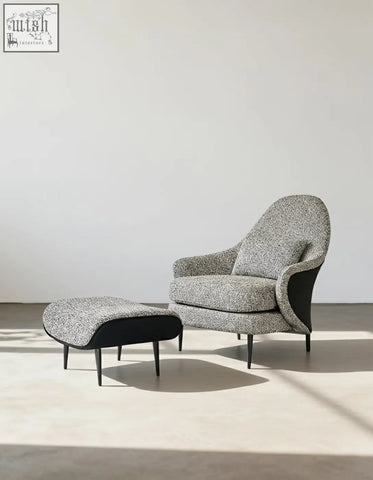 Diakite armchair with footstool in gray tweed linen and leather offers stylish comfort for your living space with easy financing and shipping cost options
