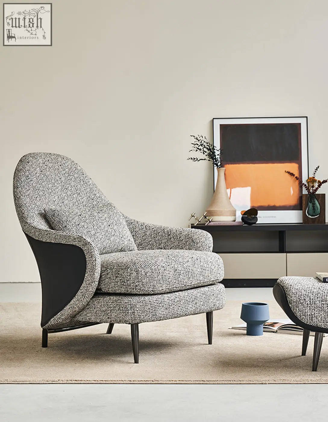 Diakite armchair with footstool in gray tweed linen and black leather perfect for any living space with offer financing and shipping cost options