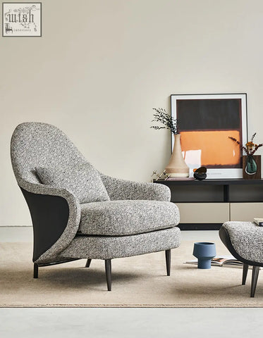 Diakite armchair with footstool in gray tweed linen and black leather perfect for any living space with offer financing and shipping cost options