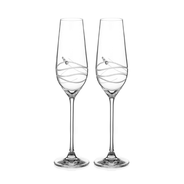 A pair of clear crystal diamante champagne flutes with delicate silver swirls and modena spiral cutting in gift box