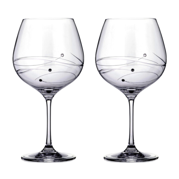 Clear glass diamante gin glasses with spiral design cutting and black dots in a gift box set of 2