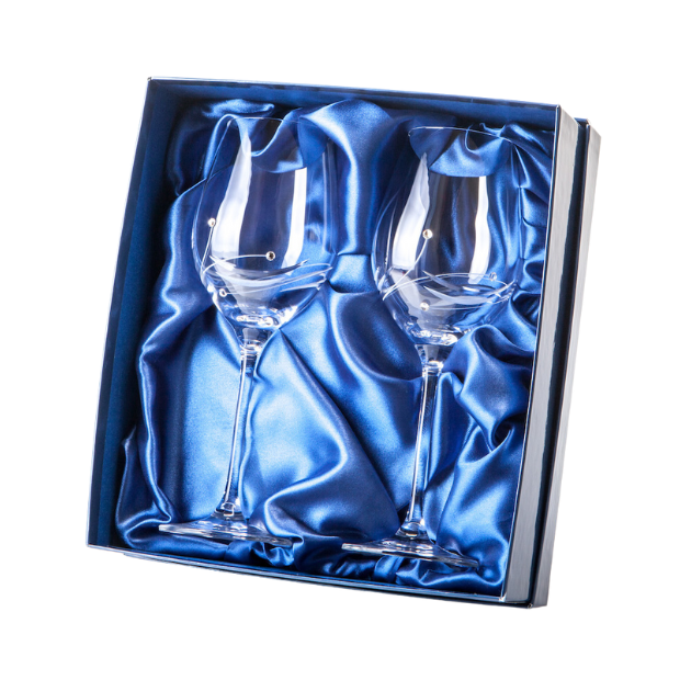 A pair of clear diamante wine glasses with delicate spiral cutting in a blue satin-lined gift box