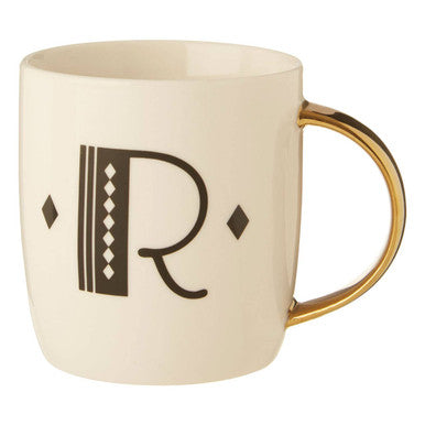 Cream-colored ceramic diamond deco white mug with gold handle and black monogram r design