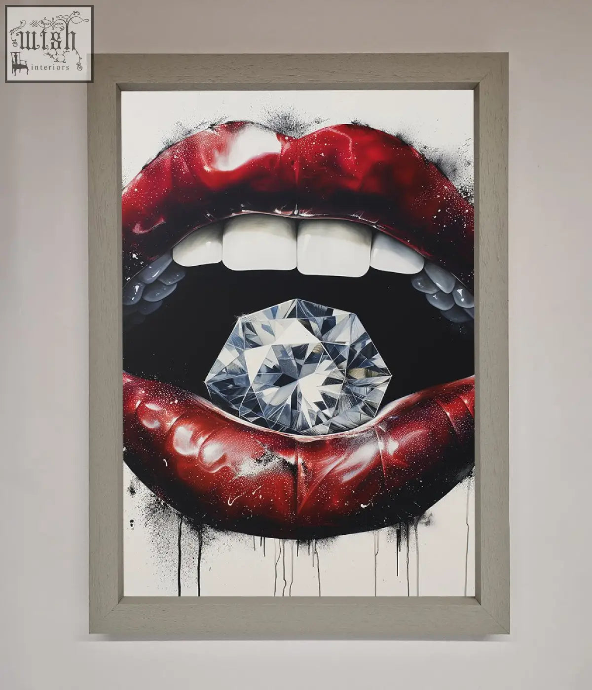Diamond lips framed poster with bold red lips and a large faceted diamond spray-painted artwork