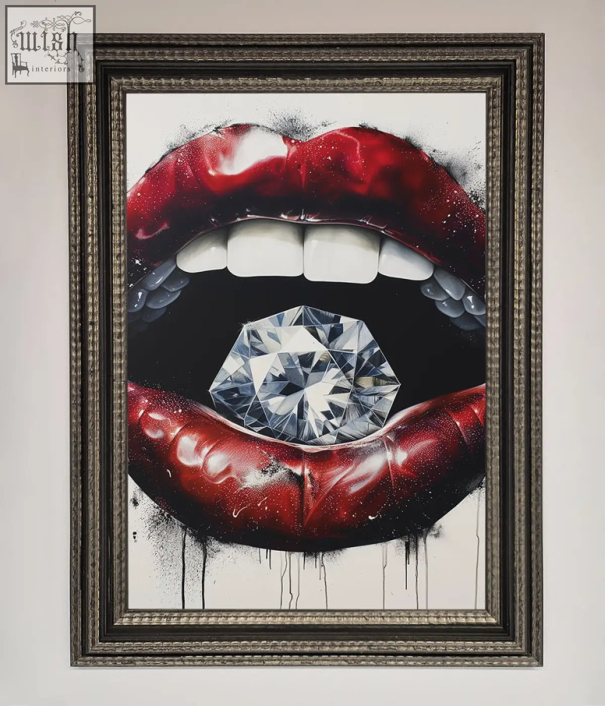 Diamond lips framed poster with bold red lips and a large faceted diamond in the mouth spray painted artwork