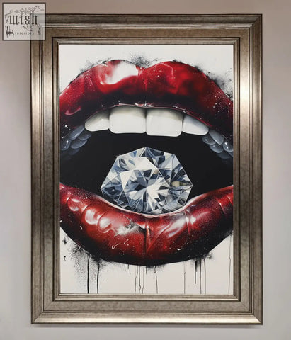A diamond lips framed poster featuring bold red spray-painted lips with a large faceted diamond in the mouth