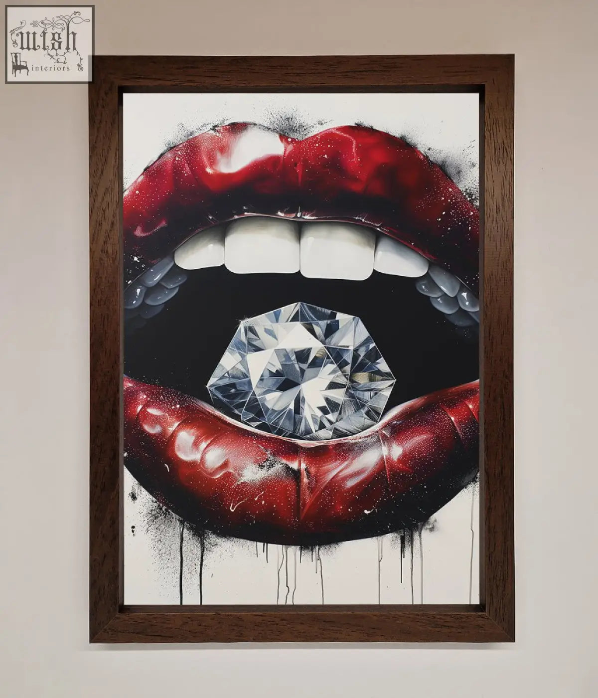 A bold red lips framed poster featuring a large faceted diamond centered in striking diamond lips artwork