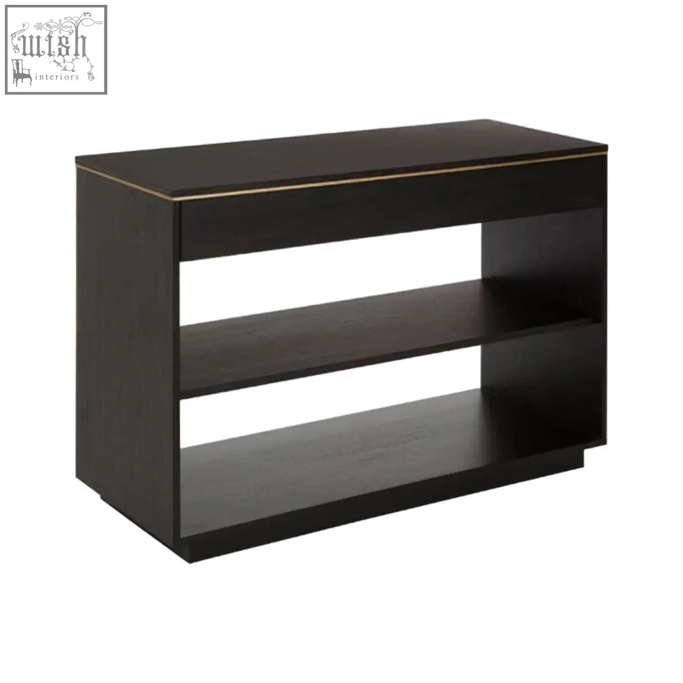 Black oak veneer console table with gold-trimmed edges and two open shelves for stylish storage