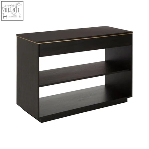 Black oak veneer console table with gold-trimmed edges and two open shelves for stylish storage
