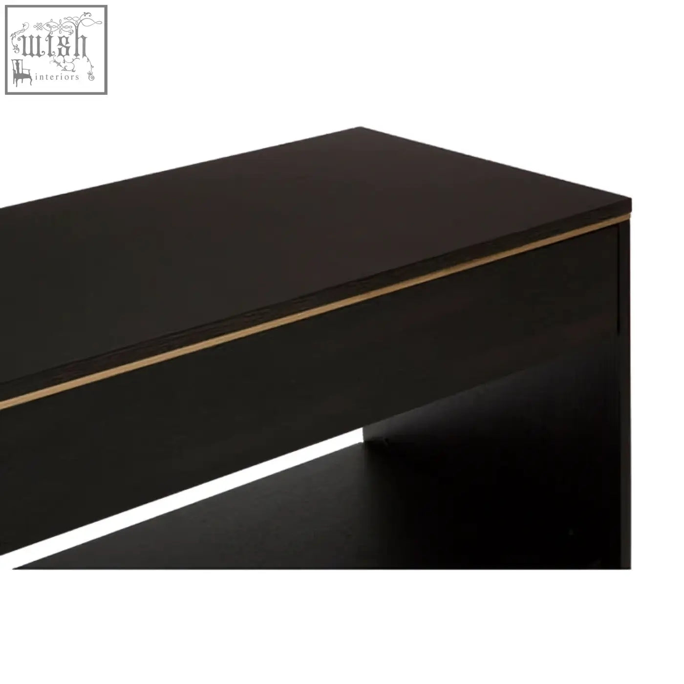 Black rectangular diamond oak veneer console table with thin gold trim along the edge for stylish storage