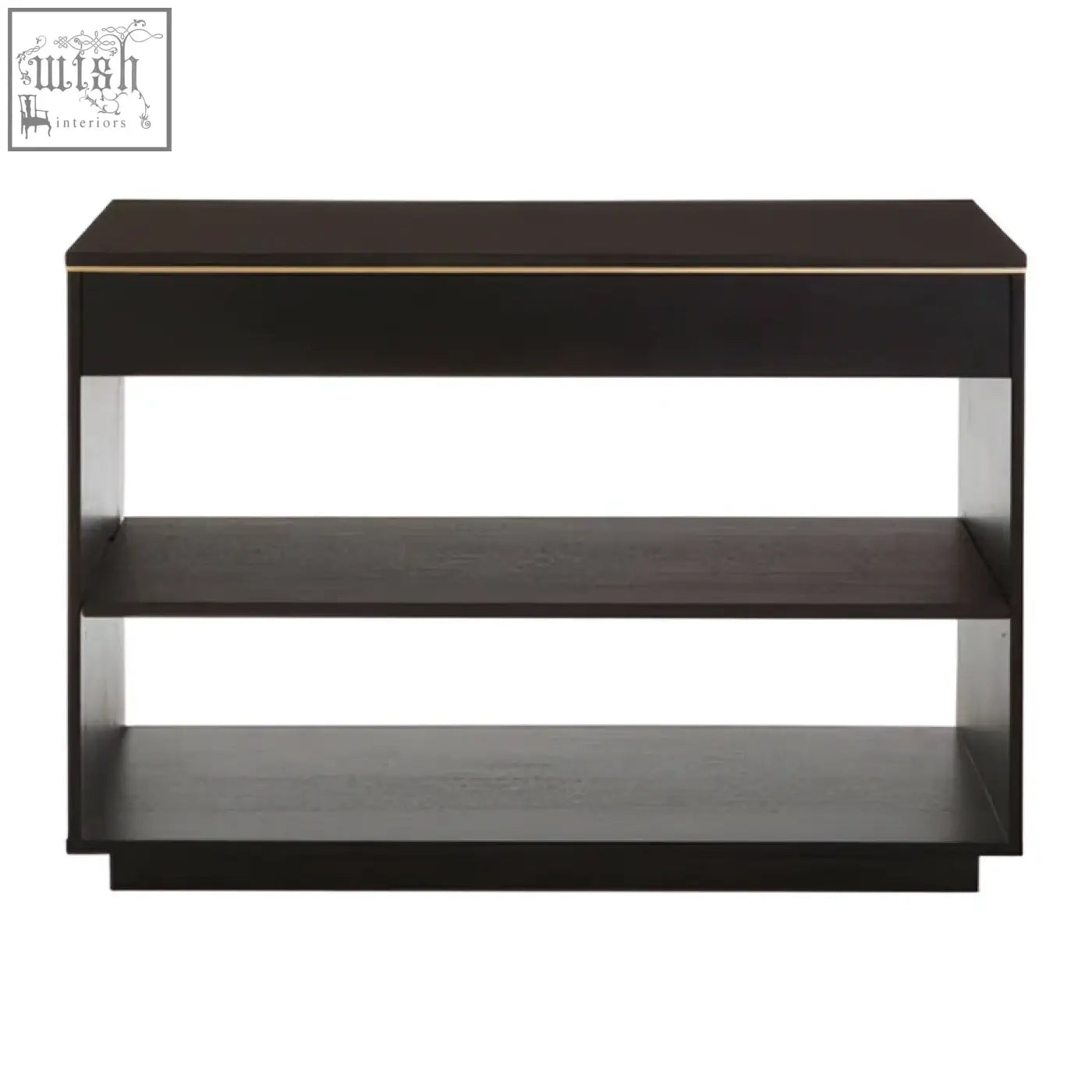 Black three-shelf veneer console table with oak veneer finish and gold trim perfect for stylish storage