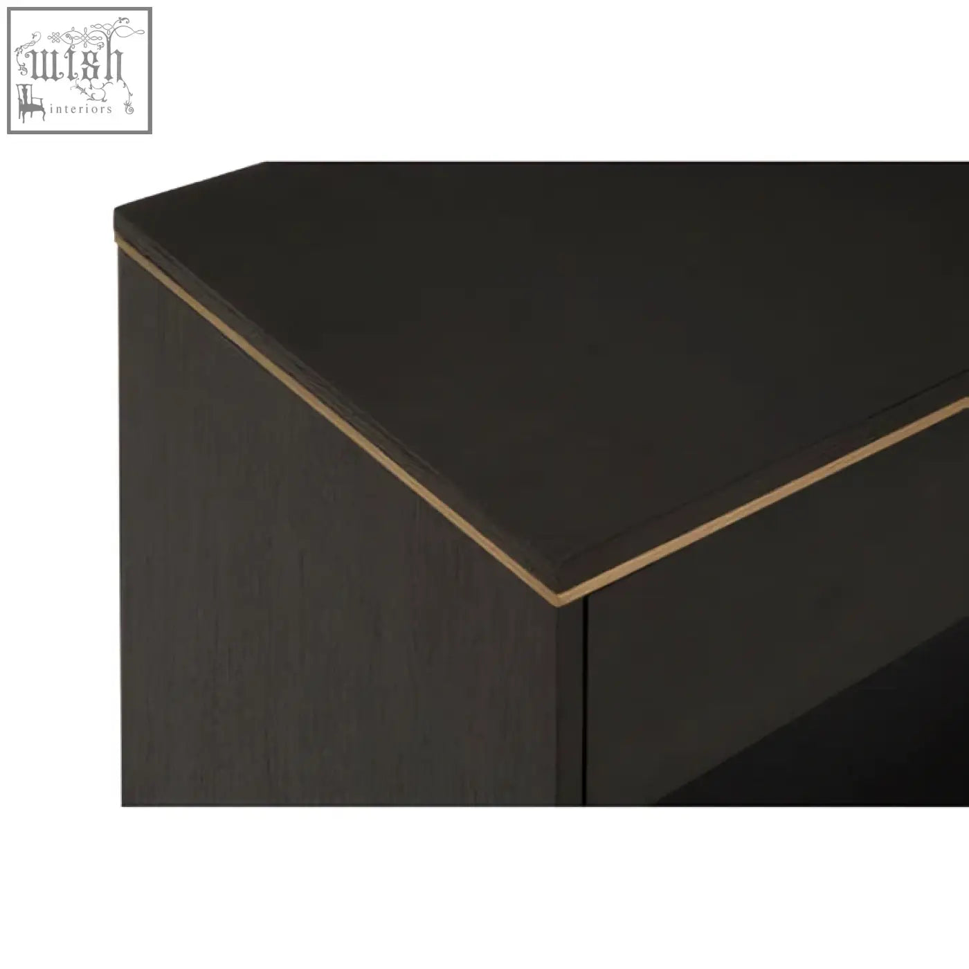 Black wooden veneer console table with gold trim featuring diamond oak veneer details