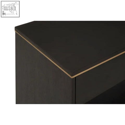 Black wooden veneer console table with gold trim featuring diamond oak veneer details