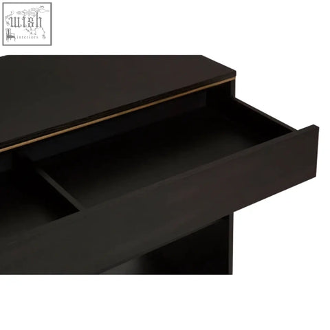 Black wooden diamond oak veneer console table with sleek minimalist design and gold-trimmed drawer edges