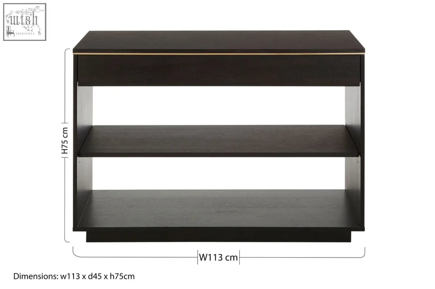 Dark wood oak veneer console table with sleek minimalist design and subtle gold trim along the top edge