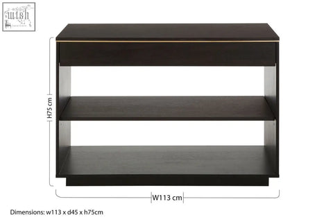 Dark wood oak veneer console table with sleek minimalist design and subtle gold trim along the top edge