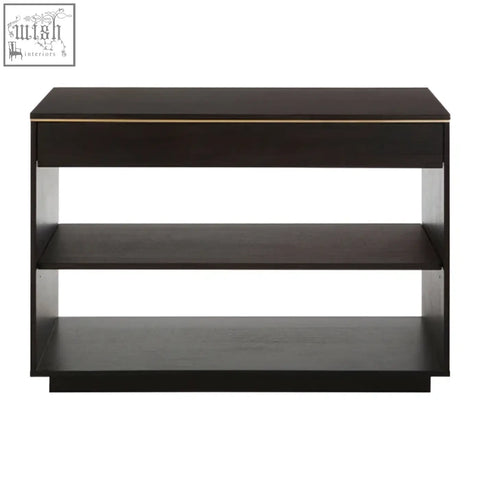 Dark wood diamond oak veneer console table with sleek minimalist design and subtle gold trim veneer console table